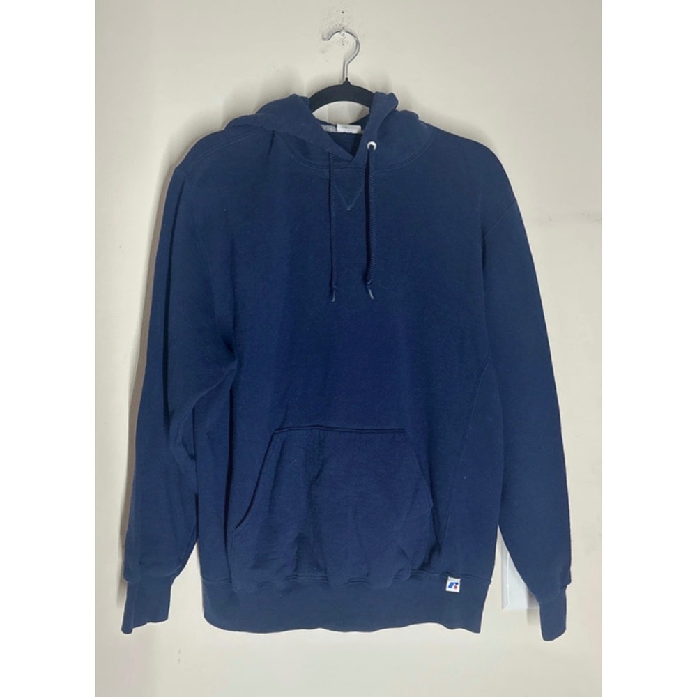 Russell Athletic Mens Navy Blue Pullover Hoodie Sweatshirt Large V-Stitch Fleece